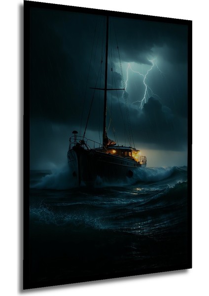 Çerçeve Görünümlü Fırtına Ortasında Yağlı Boya Görünümlü Dekoratif Ahşap Tekne Ofis Kare Tablo modelleri