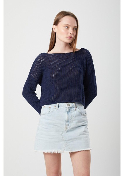 6864 Kadın Ajurlu File Mevsimlik Triko Kazak Lacivert