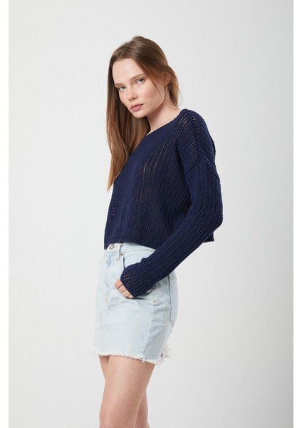 6864 Kadın Ajurlu File Mevsimlik Triko Kazak Lacivert fiyatları