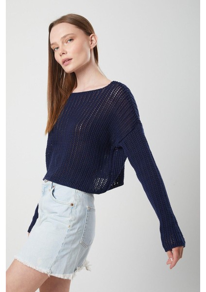 6864 Kadın Ajurlu File Mevsimlik Triko Kazak Lacivert modelleri