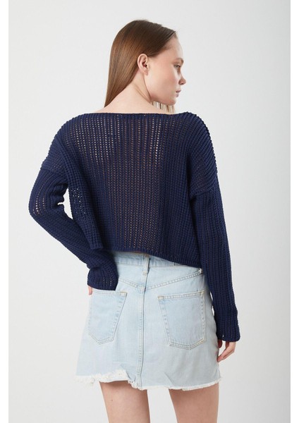 6864 Kadın Ajurlu File Mevsimlik Triko Kazak Lacivert indirimleri