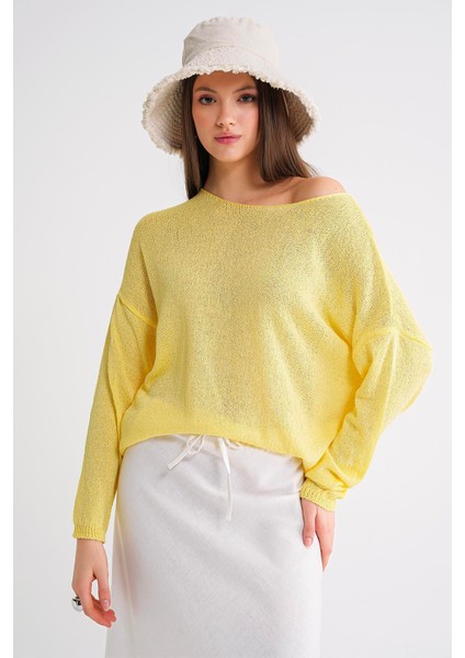 6933 Kadın Kayık Yaka Ince Mevsimlik Triko Kazak Sarı