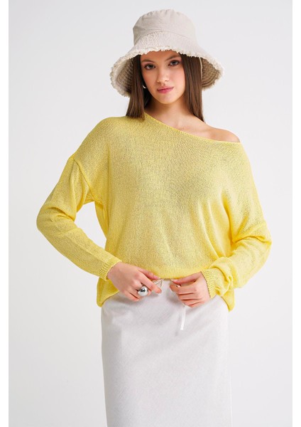 6933 Kadın Kayık Yaka Ince Mevsimlik Triko Kazak Sarı fiyatları