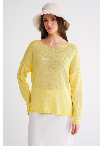 6933 Kadın Kayık Yaka Ince Mevsimlik Triko Kazak Sarı fırsatları