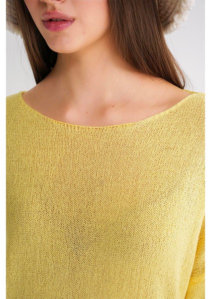 6933 Kadın Kayık Yaka Ince Mevsimlik Triko Kazak Sarı indirimleri