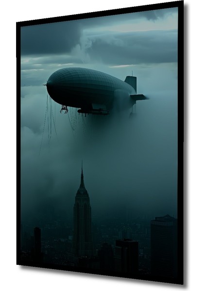 Çerçeve Görünümlü Retro Zeplin ve Empire State Binası Yağlı Boya Görünümlü Ofis Ahşap Kare Tablo fiyatları