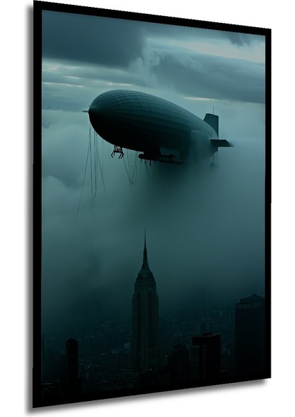 Çerçeve Görünümlü Retro Zeplin ve Empire State Binası Yağlı Boya Görünümlü Ofis Ahşap Kare Tablo modelleri