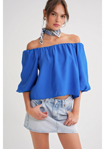 4706 Kadın Sırtı Açık Balon Kol Straplez Bluz Saks Mavi