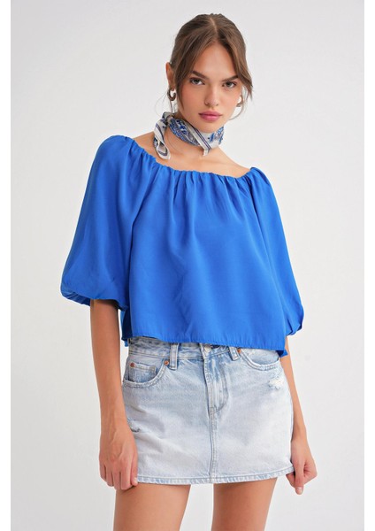 4706 Kadın Sırtı Açık Balon Kol Straplez Bluz Saks Mavi fırsatları