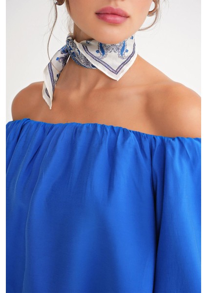 4706 Kadın Sırtı Açık Balon Kol Straplez Bluz Saks Mavi indirimleri