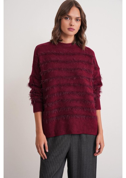 6926 Kadın Sakallı Çizgili Triko Kazak Bordo