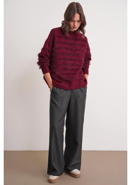 6926 Kadın Sakallı Çizgili Triko Kazak Bordo fiyatları