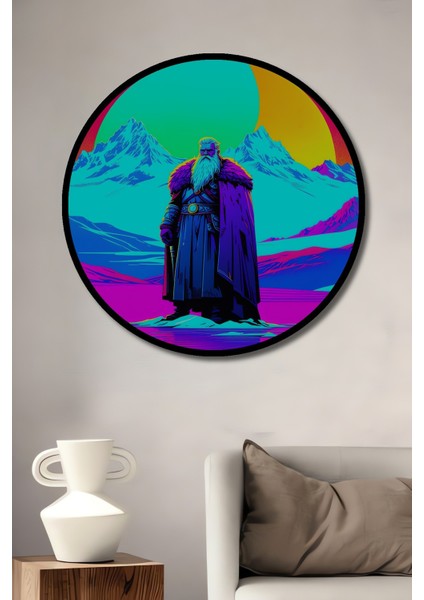 Çerçeve Görünümlü Neon Işıklarında Ihtişamlı Viking Yağlı Boya Görünümlü Dekoratif Ahşap Ofis Tablo