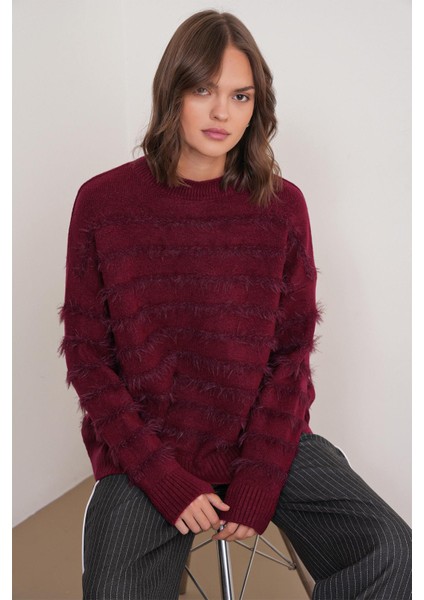 6926 Kadın Sakallı Çizgili Triko Kazak Bordo modelleri