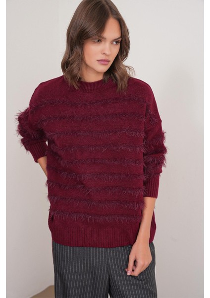 6926 Kadın Sakallı Çizgili Triko Kazak Bordo fırsatları