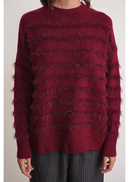 6926 Kadın Sakallı Çizgili Triko Kazak Bordo indirimleri