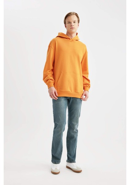 %100 Pamuk Comfort Regular Fit Rahat Kalıp Kapüşonlu Kanguru Cepli Basic Düz Sweatshirt B4446AX24SP