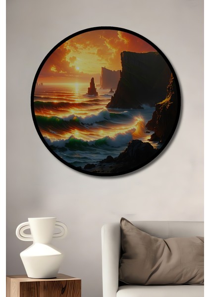 Çerçeve Görünümlü Altın Sahil Yağlı Boya Görünümlü Dekoratif Ahşap Ev/işyeri/ofis Yuvarlak Tablo