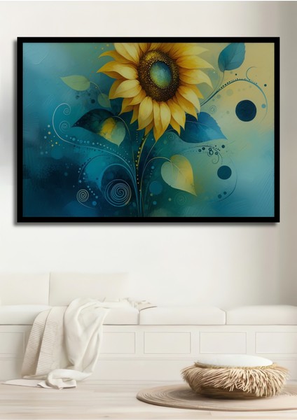 Çerçeve Görünümlü Turkuaz Rüyası Ayçiçeği Yağlı Boya Görünümlü Dekoratif Ahşap Ofis Kare Tablo