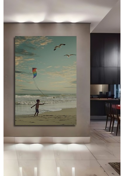 Deniz Kenarında Uçurtma Uçuran Çocuk Sulu Boya Görünümlü Dekoratif Ahşap Ev/işyeri/ofis Kare Tablo