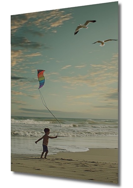 Deniz Kenarında Uçurtma Uçuran Çocuk Sulu Boya Görünümlü Dekoratif Ahşap Ev/işyeri/ofis Kare Tablo fiyatları