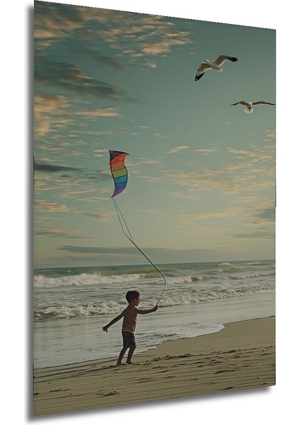 Deniz Kenarında Uçurtma Uçuran Çocuk Sulu Boya Görünümlü Dekoratif Ahşap Ev/işyeri/ofis Kare Tablo modelleri