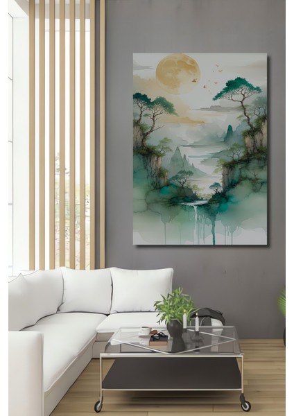 Sulu Boya Görünümlü Mistikal Doğa Manzarası Dekoratif Ahşap Ev/işyeri/ofis Kare Tablo