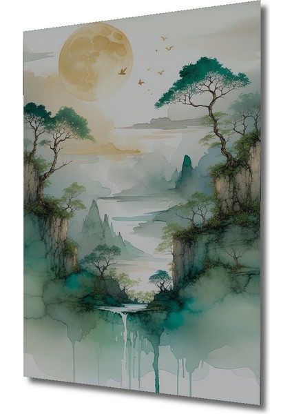 Sulu Boya Görünümlü Mistikal Doğa Manzarası Dekoratif Ahşap Ev/işyeri/ofis Kare Tablo fiyatları