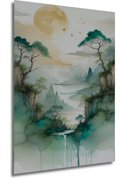 Sulu Boya Görünümlü Mistikal Doğa Manzarası Dekoratif Ahşap Ev/işyeri/ofis Kare Tablo modelleri