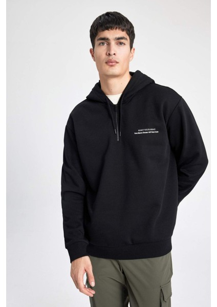 Oversize Geniş Kalıp Yarım Fermuarlı Kapüşonlu Sırt Baskılı Sweatshirt B4804AX24SP