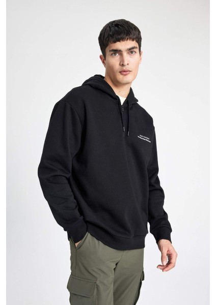 Oversize Geniş Kalıp Yarım Fermuarlı Kapüşonlu Sırt Baskılı Sweatshirt B4804AX24SP
