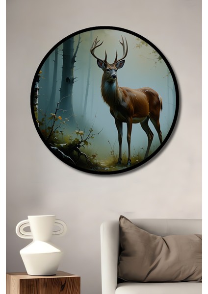 Çerçeve Görünümlü Ormanda Yağlı Boya Görünümlü Geyik Işyeri/ofis Dekoratif Ahşap Yuvarlak Tablosu