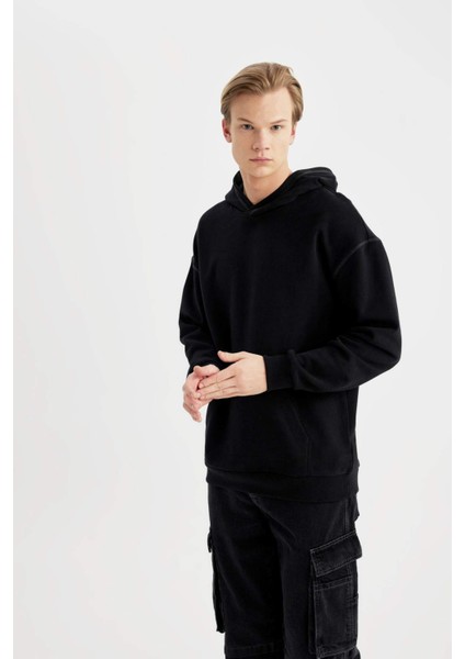 Comfort Regular Fit Rahat Kalıp Kapüşonlu Kanguru Cepli Basic Düz Sweatshirt B4446AX24SP