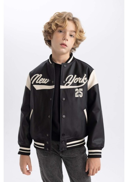 Erkek Çocuk Su İtici Kolej Yaka Çıtçıt Kapamalı Çift Cepli Mevsimlik Suni Deri Bomber Mont Ceket