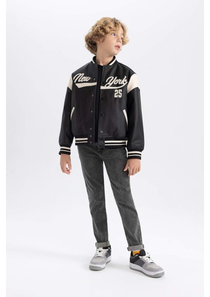 Erkek Çocuk Su İtici Kolej Yaka Çıtçıt Kapamalı Çift Cepli Mevsimlik Suni Deri Bomber Mont Ceket