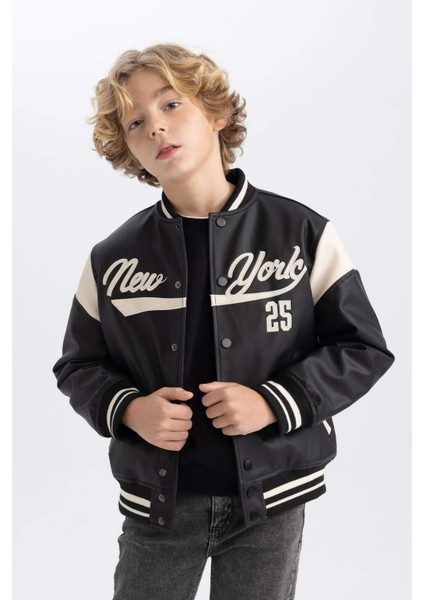 Erkek Çocuk Su İtici Kolej Yaka Çıtçıt Kapamalı Çift Cepli Mevsimlik Suni Deri Bomber Mont Ceket