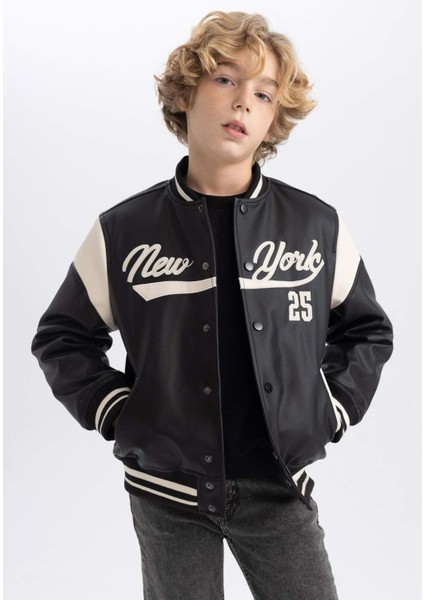 Erkek Çocuk Su İtici Kolej Yaka Çıtçıt Kapamalı Çift Cepli Mevsimlik Suni Deri Bomber Mont Ceket