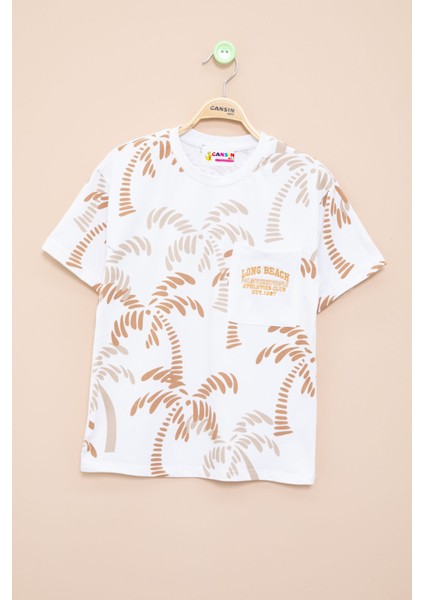 Ekru Palmiye Desenli Yazılı Cepli Erkek Çocuk Bisiklet Yaka Tişört 20932