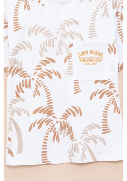 Ekru Palmiye Desenli Yazılı Cepli Erkek Çocuk Bisiklet Yaka Tişört 20932 fiyatları