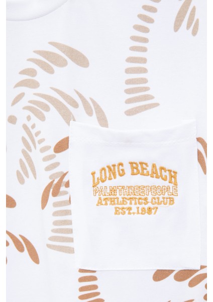 Ekru Palmiye Desenli Yazılı Cepli Erkek Çocuk Bisiklet Yaka Tişört 20932 modelleri