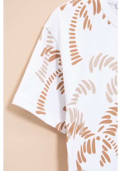 Ekru Palmiye Desenli Yazılı Cepli Erkek Çocuk Bisiklet Yaka Tişört 20932 fırsatları