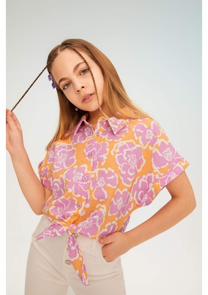 Kız Çocuk Crop Kısa Kollu Desenli Gömlek B5064A824SM