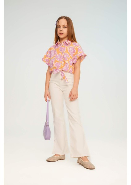 Kız Çocuk Crop Kısa Kollu Desenli Gömlek B5064A824SM