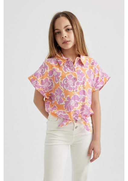 Kız Çocuk Crop Kısa Kollu Desenli Gömlek B5064A824SM