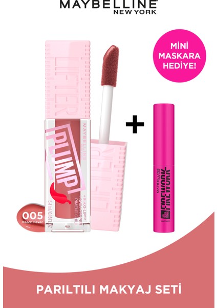Maybelline Lifter Plump Dudak Parlatıcısı 005 Peach Fever & Maybelline Lash Sens. Firework Mini Maskara Hediyeli Set