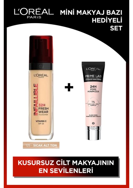 Infaillible 24H Fondöten 125 Natural Rose + Prime Lab Pore Minimizer Gözenek Küçültücü Makyaj Bazı Mini Hediyeli Set