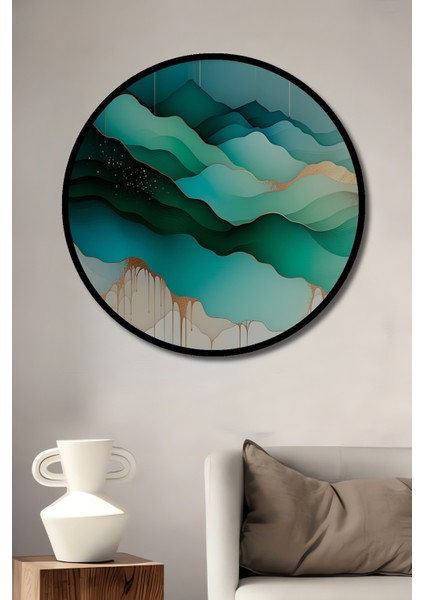 Çerçeve Görünümlü Zümrüt Çağlayanı Yağlı Boya Görünümlü Modern Sanat Ahşap Ofis Yuvarlak Tablo