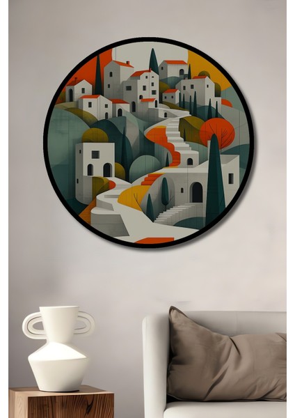 Çerçeve Görünümlü Modern Şehir Merdivenleri Yağlı Boya Görünümlü Ahşap Ofis Yuvarlak Tablo