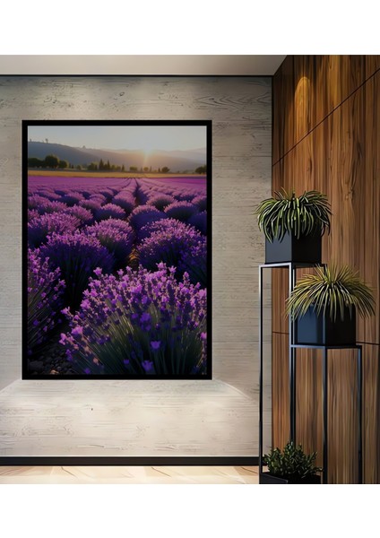 Çerçeve Görünümlü Lavanta Tarlası Rüya Manzarası Yağlı Boya Görünümlü Ahşap Ofis Kare Tablo
