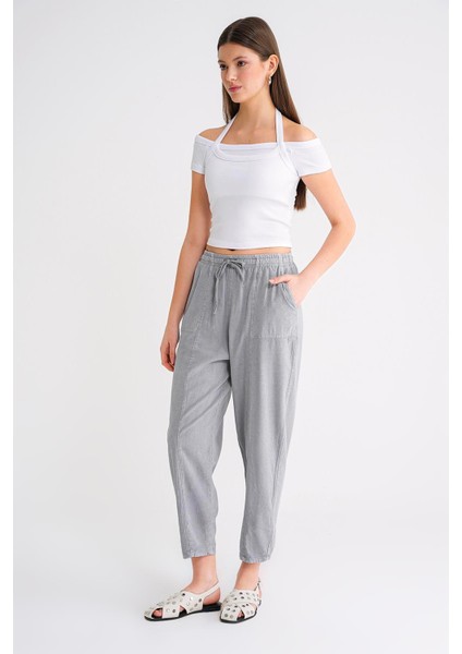 4436 Kadın Keten Çımalı Şalvar Pantolon Gri